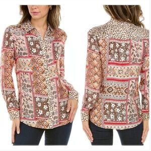 J. McLaughlin New Darcey Silk Blend Brown Patchwork Button Front Blouse SZ XL
